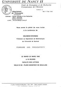 L'affiche de la conférence de Solomon Feferman (Stanforde), "Poincaré and Predicativity", le 28 mars 1992 à Nancy