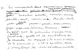 Fragment du manuscrit de la traduction par Twardowski lui-même de son traité O czynnosciach i wytworach (1911), publié en français comme Fonctions et produits (Vrin  2007). Dans la ligne n°8, il barre "fonction" et propose et souligne comme traduction "czynnosc" : "action". C'est un exemple de la manière dont l'archive participe du débat sur le contenu.