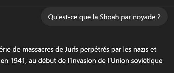 Un prompt produisant une affabulation sur la Shoah par noyade, produite dans Chat GPT 5.5 le 28/04/2026.